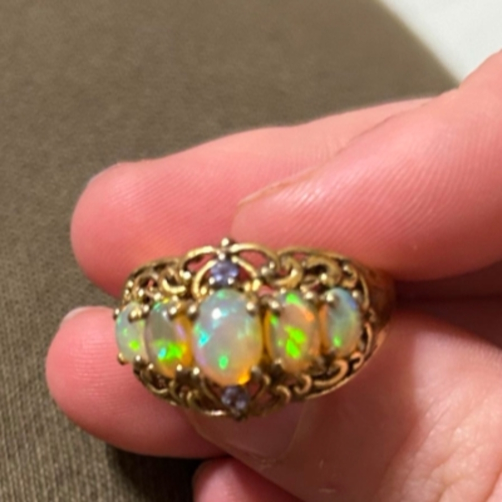 Elegant Gold Opal and Purple Gemstone Ring